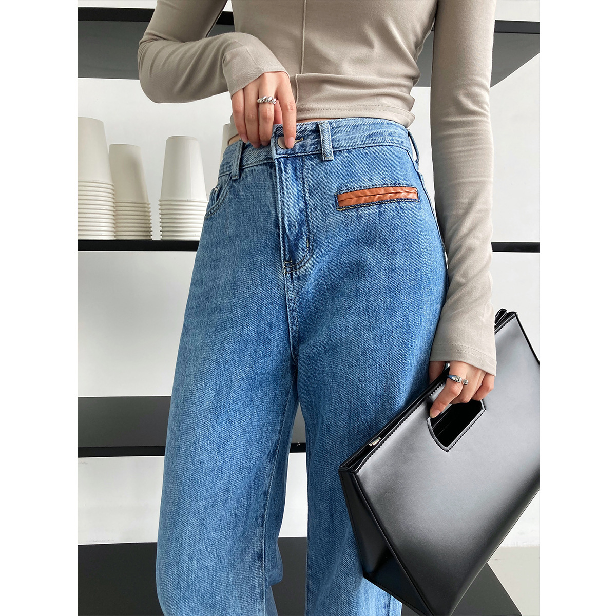 New style washed retro blue straight jeans women's loose wide leg pants slit pants
